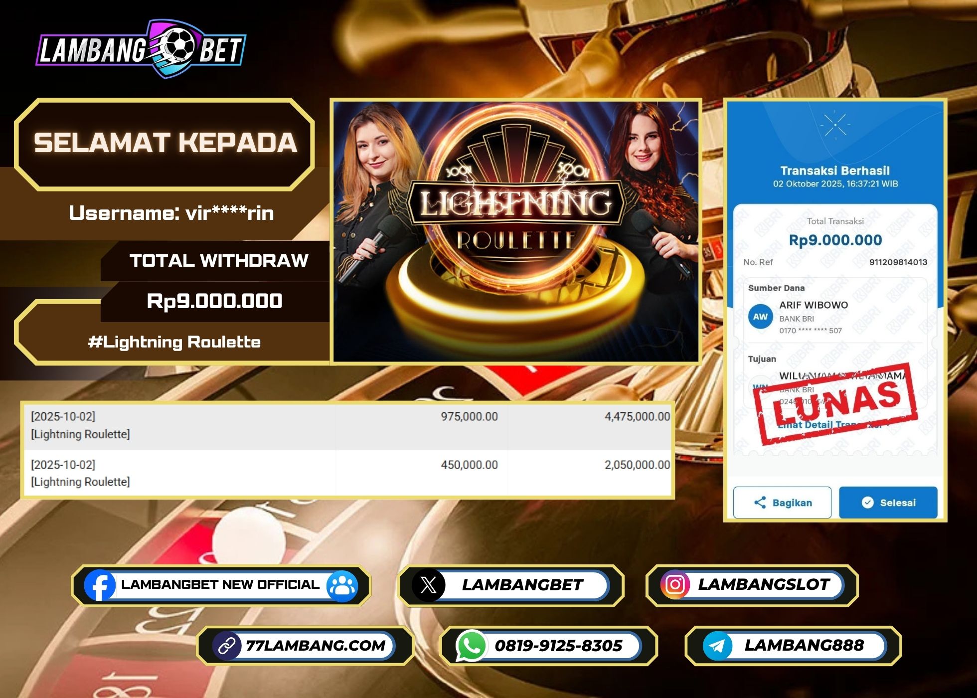 LAMBANGBET [2 OKTOBER 2025] JACKPOT LIVE CASINO Lightning Roulette "Rp9.000.000" LUNAS